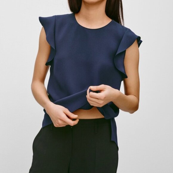 Aritzia Babaton Chaplin Flutter Sleeve Blouse Navy - Picture 10 of 16